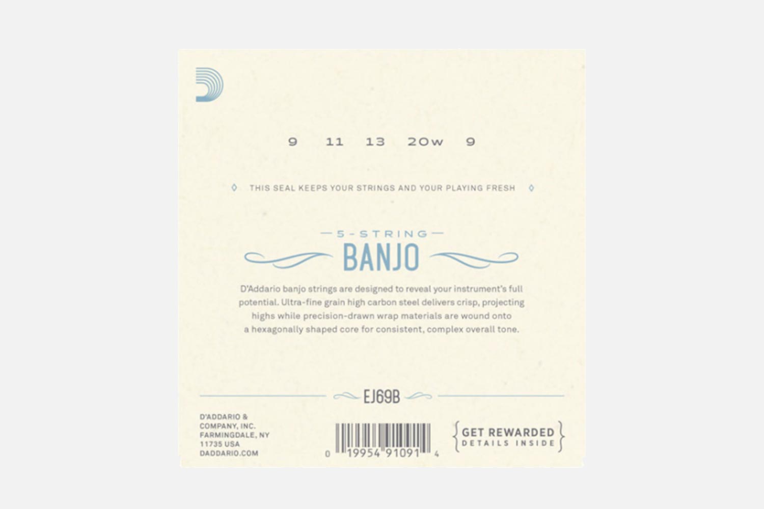 D'Addario EJ69B Phosphor Bronze Ball End 5-string banjo 009-020 (5274119012516)